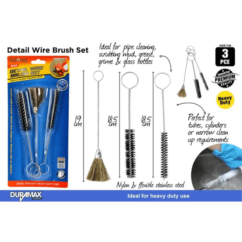 3pcs Large Wire Cleaning Detail Brush Set Steel Nylon Metal Glass Bottle Tools