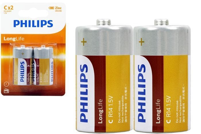 2pcs Genuine Philips C Long Life Zinc Battery 1.5V Batteries 3x More Power