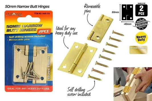 2 Pce Narrow Butt Hinge 50mm Door Window Hinges Brass Plated Screw