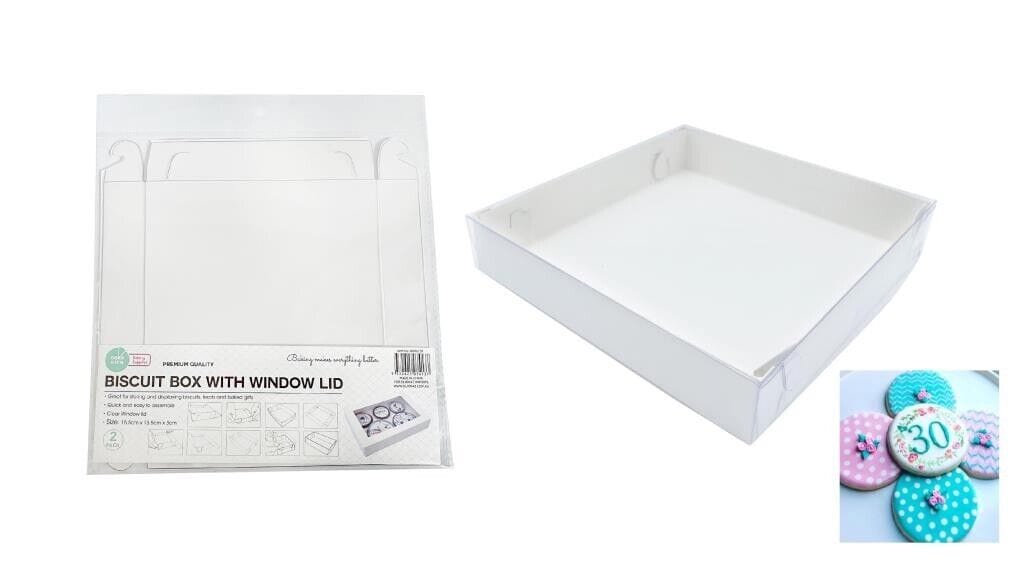 2x Cake Boxes Window Biscuit Box Clear Lid 15.5x15.5x3CM Gift Cookie Box Party