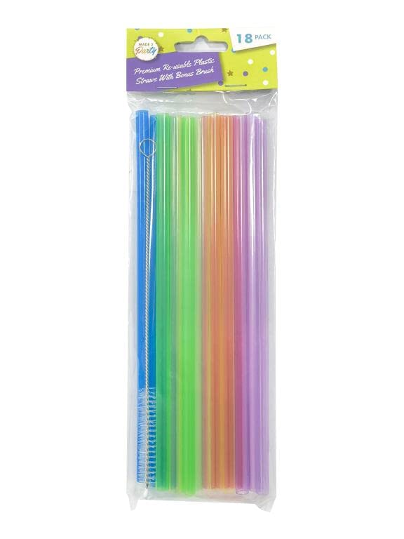 18pcs Reusable Straws Hard Plastic Drinking Straw Cleaning Brush Party Colourful