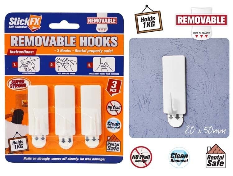 3 Removable Hooks Hanger Self Adhesive Clip Wall Window Stick Clips 1Kg