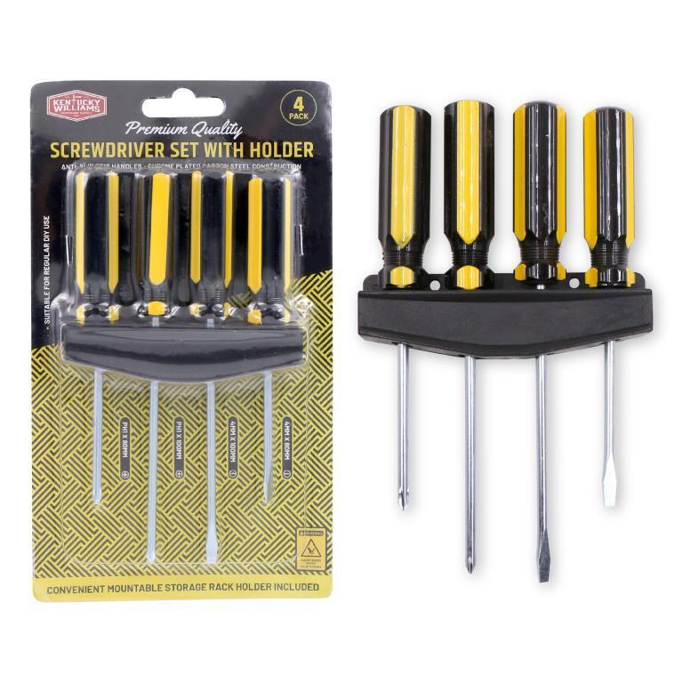 4x Screwdriver Set With Holder Tool Phillips Flat Head Carbon Steel Grip