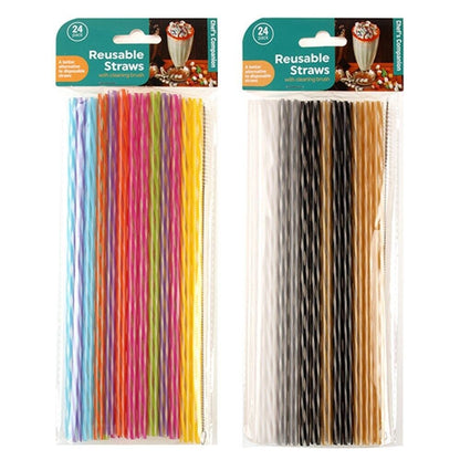 24pcs Reusable Plastic Straws Party Drinking Straw Cleaning Colourful Long 25cm