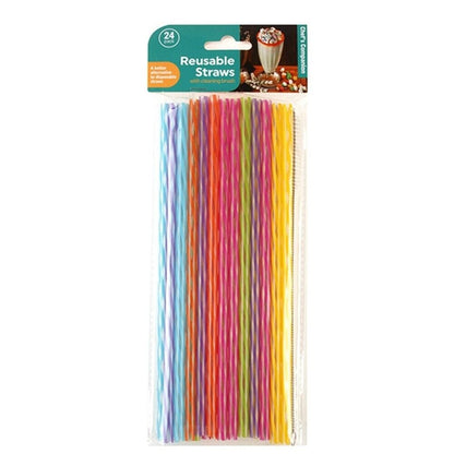 24pcs Reusable Plastic Straws Party Drinking Straw Cleaning Colourful Long 25cm