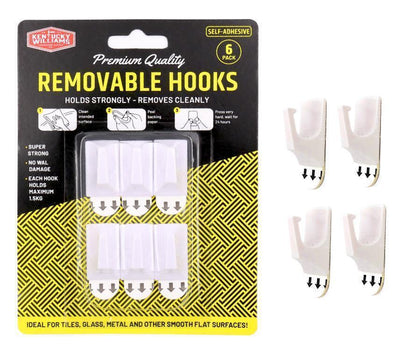 6x Removable Hooks White Self Adhesive Wall Hanging Hook Up To 1.5KG Tiles Glass