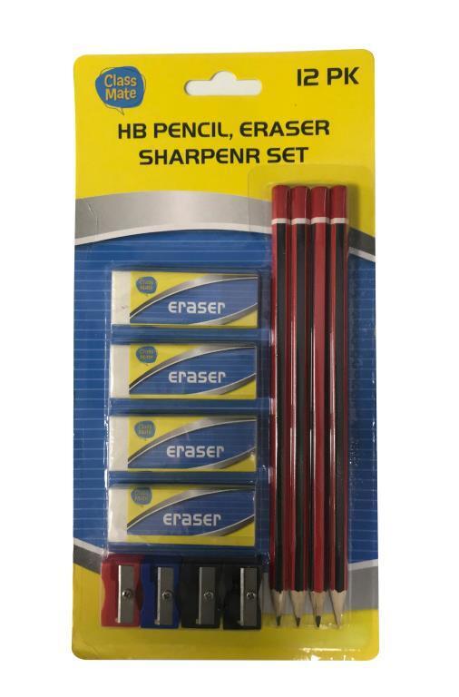 HB Lead 4 Pencils 4 Eraser 4 Sharpener Art Class Student Set Kit School Craft