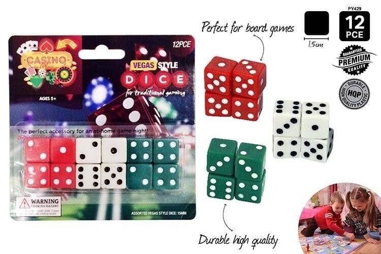 Pack of 12pcs Dice Red White Green Set 6 Sided for All Kind of Board Games 15mm