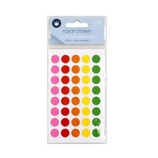 720 Pcs Assorted Circle Colour Code Round Sticker Label Dots Spots coloured 12mm