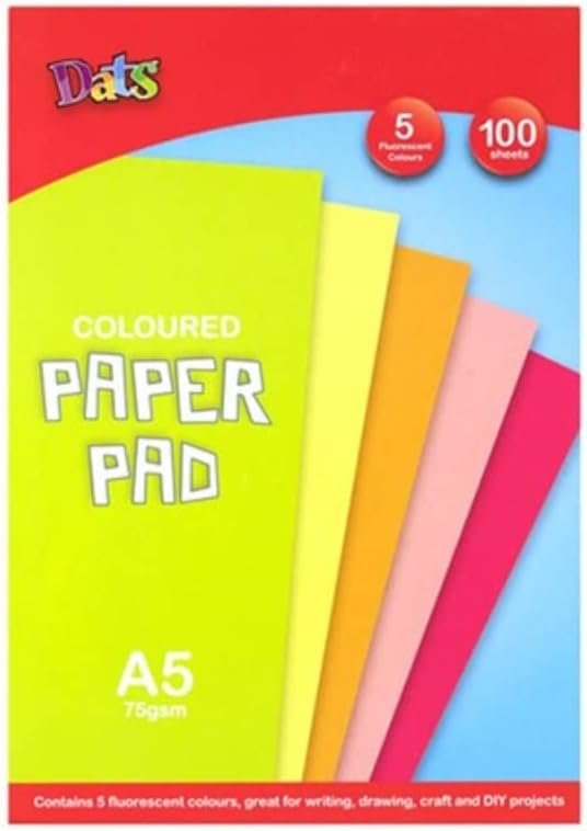 100 Coloured Paper Pad A5 75gsm Arts Craft DIY 5 Fluro Colours Drawing Writing